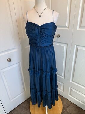 Aqua Navy Ruched Bodice Tiered Maxi Dress